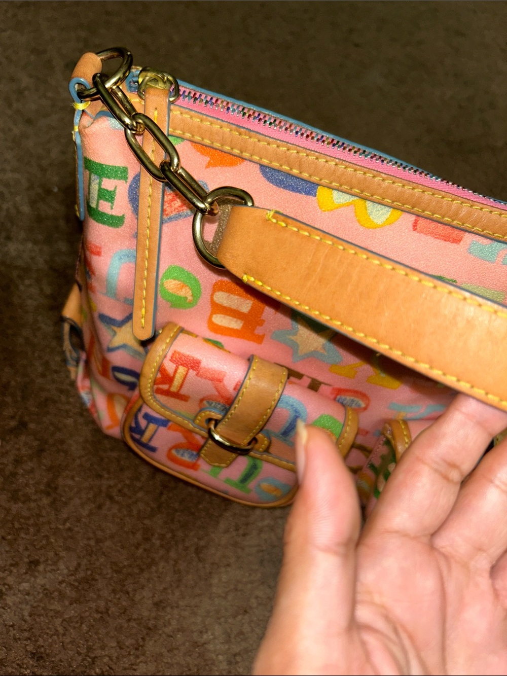 Vintage Dooney & Bourke Pink Graffiti Bag with Tan Leather Trim - Picture 8 of 16